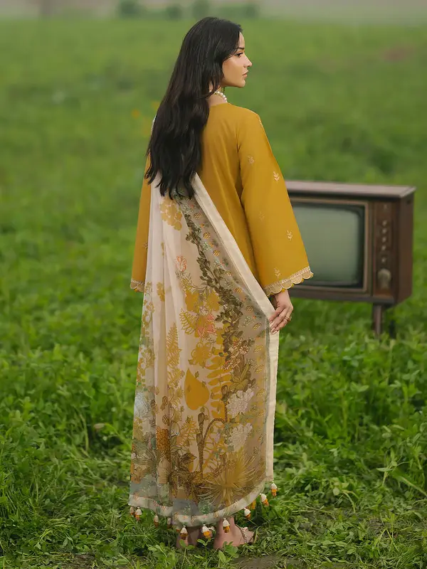 Mustard Yellow 3 Piece Embroidered Lawn Suit - Unstitched