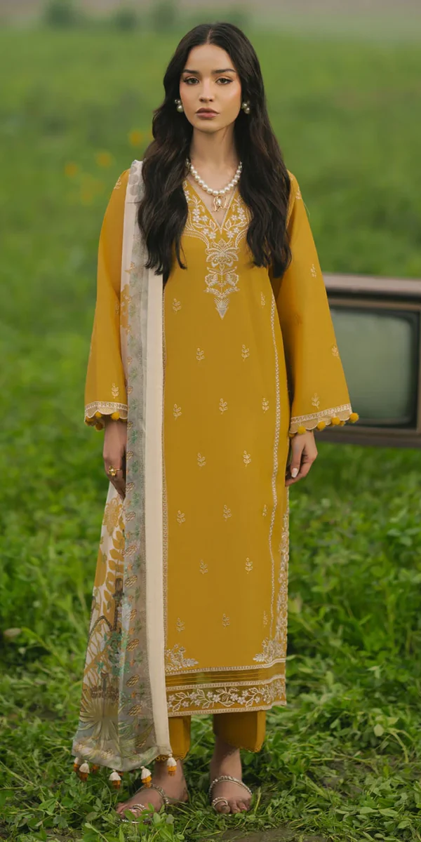 Mustard Yellow 3 Piece Embroidered Lawn Suit - Unstitched
