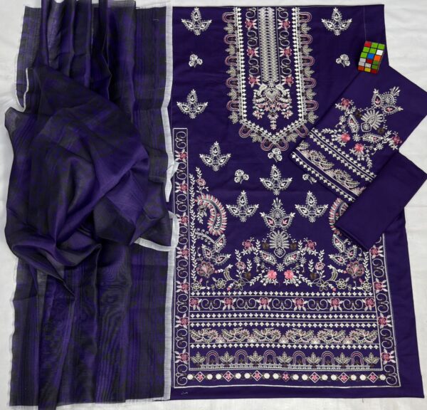 Deep Purple 3 Piece Unstitched Embroidered Lawn Suit
