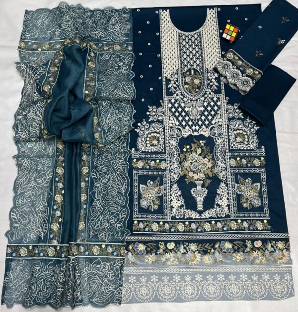 Teal Heavy Embroidered 3-Piece Lawn Suit - Unstitched