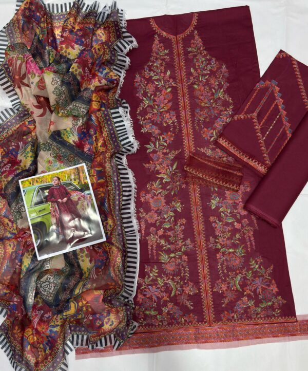 Crimson Heavy Embroidered Unstitched Lawn Suit - 3-Piece