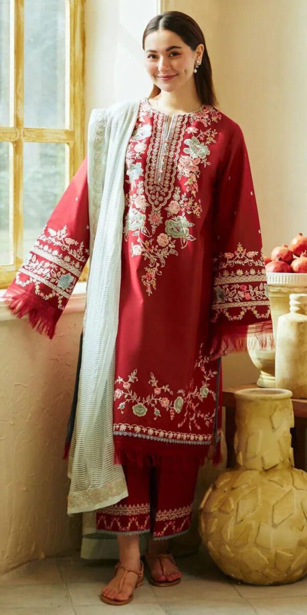 Crimson Red 3 Piece Embroidered Lawn Suit - Unstitched