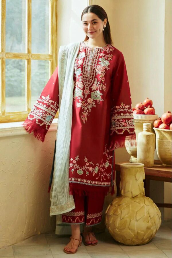 Crimson Red 3 Piece Embroidered Lawn Suit - Unstitched