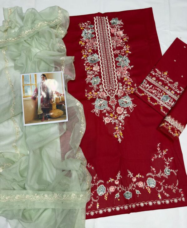 Crimson Red 3 Piece Embroidered Lawn Suit - Unstitched