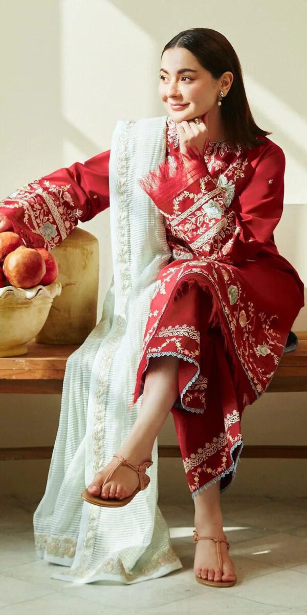 Crimson Red 3 Piece Embroidered Lawn Suit - Unstitched