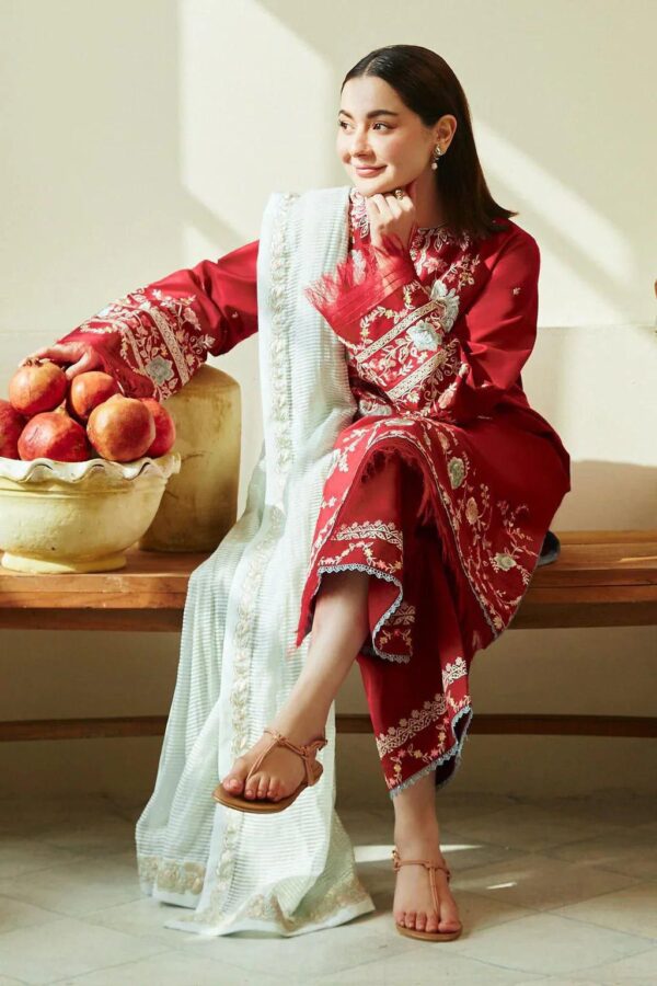 Crimson Red 3 Piece Embroidered Lawn Suit - Unstitched