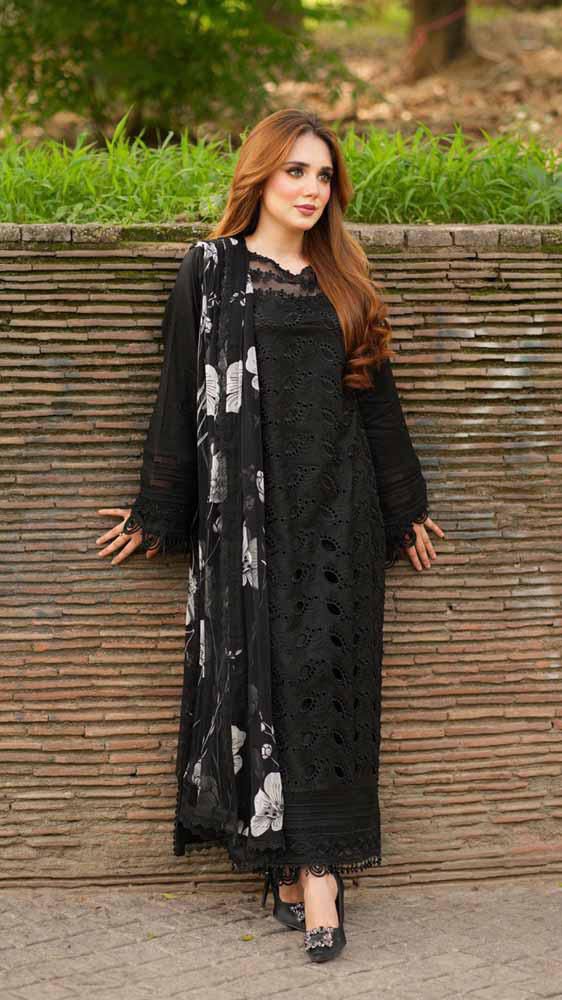 Luxury Black Unstitched Embroidered Lawn 3 Piece Suit
