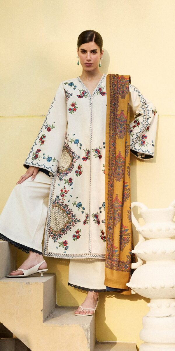 Off-White Premium 3 Piece Embroidered Lawn Dress – Unstitched