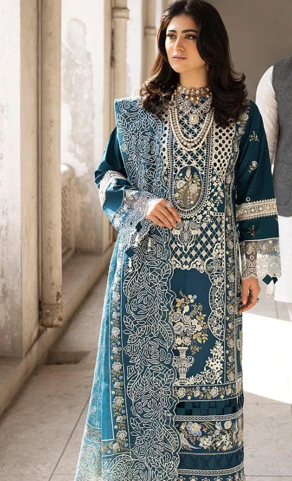 Teal Heavy Embroidered 3-Piece Lawn Suit - Unstitched