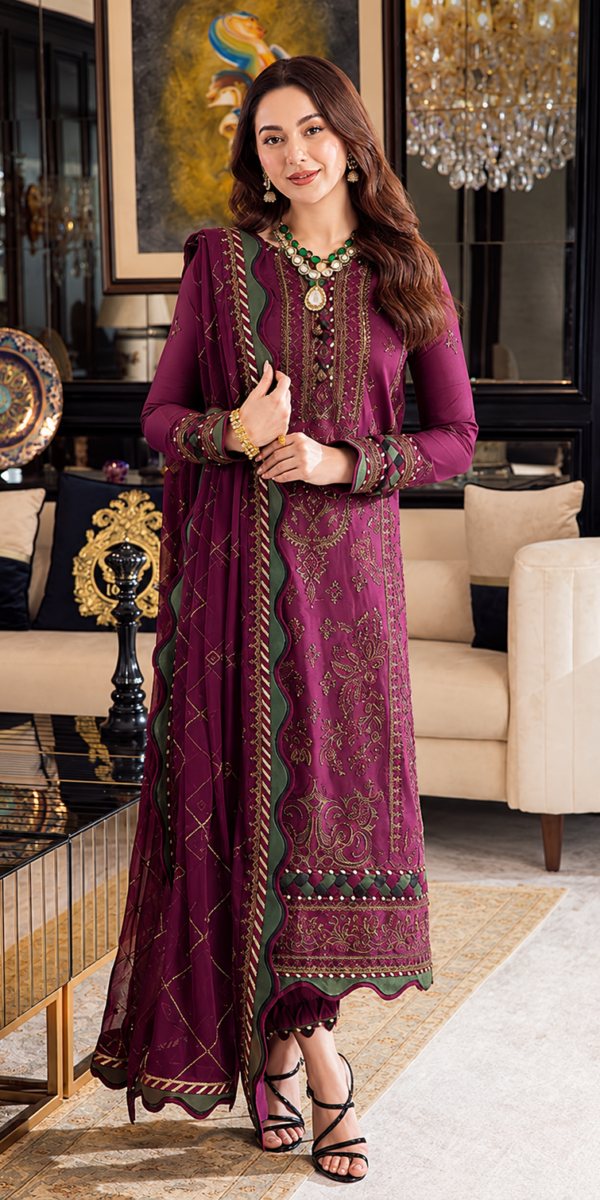 Premium 3 Piece Embroidered Dhanak Suit - Unstitched S02A027