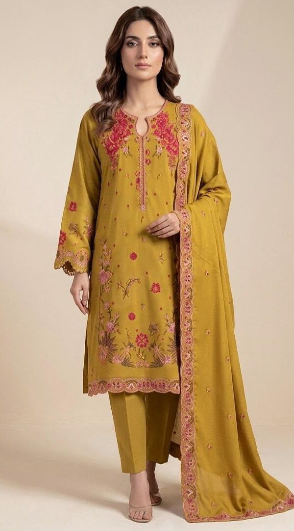 Premium 3 Piece Embroidered Dhanak Suit - Unstitched S02A026